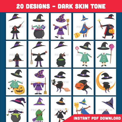Printable Halloween Witch Body Templates for Kids, 20 Silly & Spooky Designs, Light + Dark Skin Included, DIY Face Cut & Paste Craft