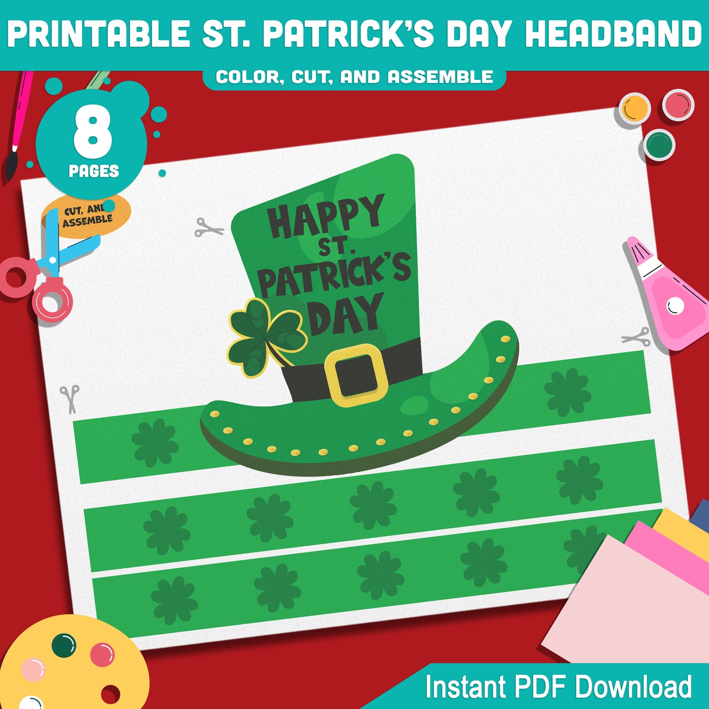 Printable St. Patrick’s Day Headband and Crown Hat Crafts for Kids, Lucky Leprechaun Shamrock Paper Wearable Set, Party Play Activity, Pre-color + Black & White PDF