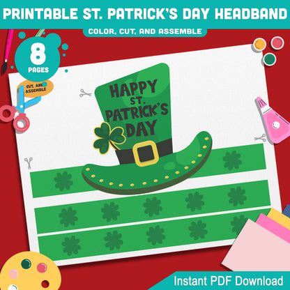 Printable St. Patrick’s Day Headband and Crown Hat Crafts for Kids, Lucky Leprechaun Shamrock Paper Wearable Set, Party Play Activity, Pre-color + Black & White PDF