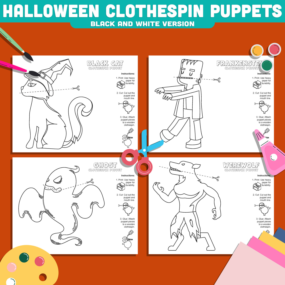 Halloween Puppet Craft for Kids, Black Cat Ghost Frankenstein Werewolf