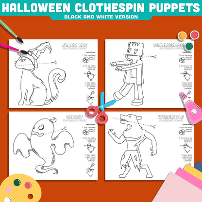Halloween Puppet Craft for Kids, Black Cat Ghost Frankenstein Werewolf