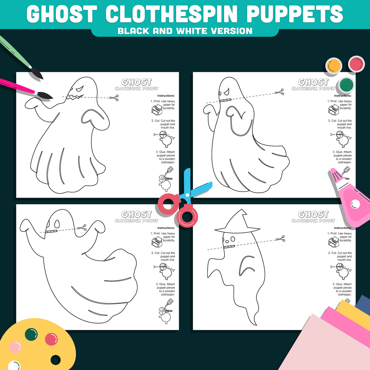 Ghost Clothespin Puppets, Halloween Printable Craft for Kids