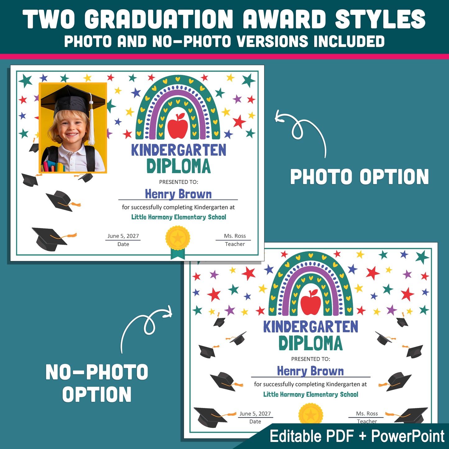 Editable Kindergarten Diploma, Printable Graduation Awards with Photo and No-Photo Options, PDF and PowerPoint, Editable for Any Grade