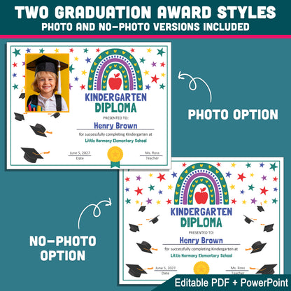 Editable Kindergarten Diploma, Printable Graduation Awards with Photo and No-Photo Options, PDF and PowerPoint, Editable for Any Grade