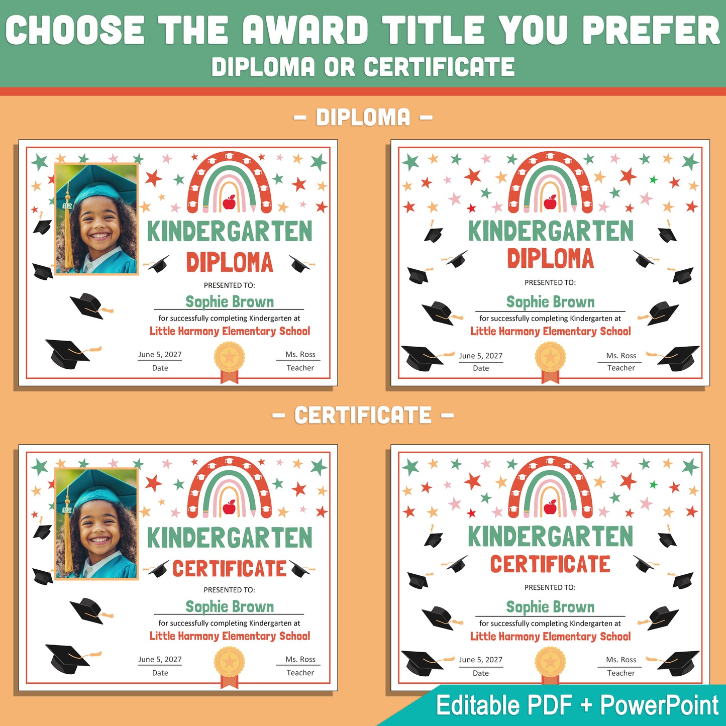 Editable Kindergarten Graduation Diploma & Certificate Set, Retro Rainbow Stars Theme, 8.5x11 Awards, Photo and No-Photo Options, PDF, PowerPoint