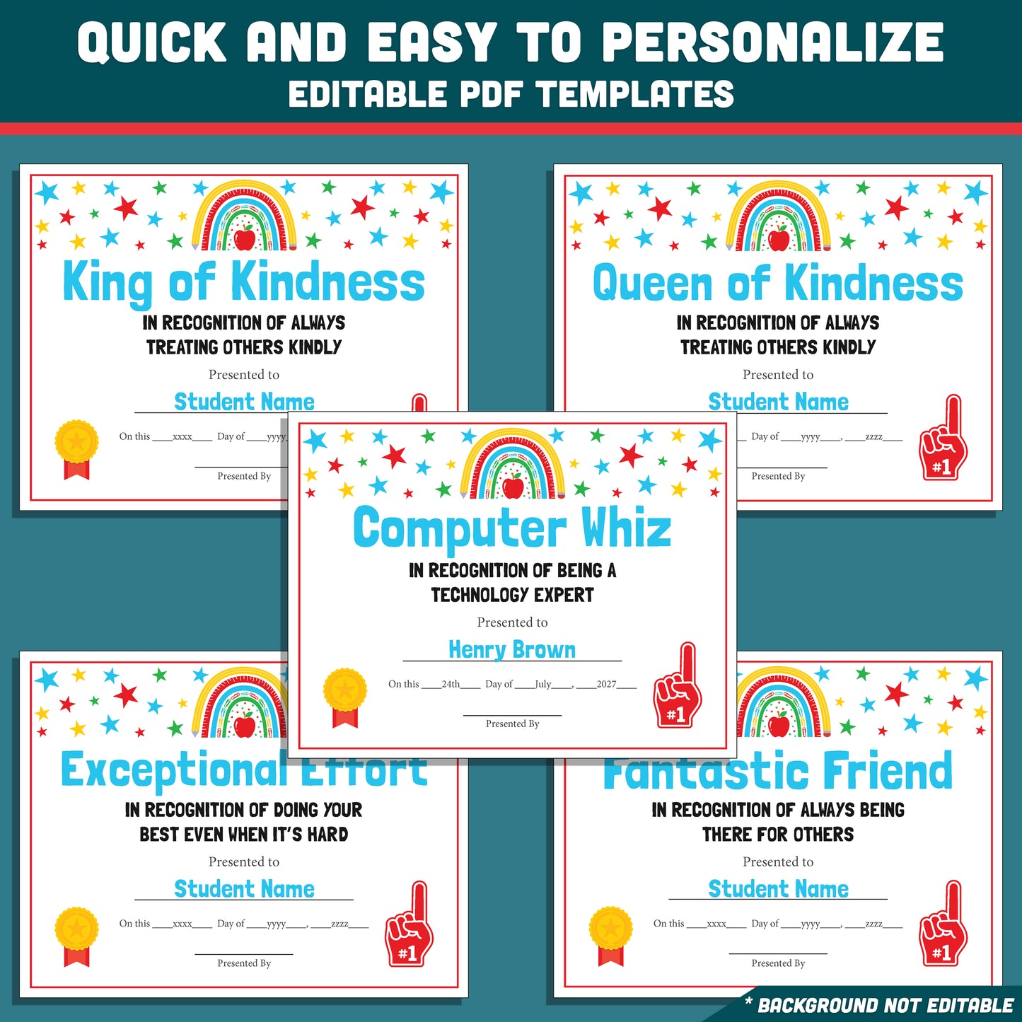 Class Awards Middle School End of the Year, Printable Certificates Bundle, 26 Editable Designs, Student Recognition Pack, Teacher Friendly