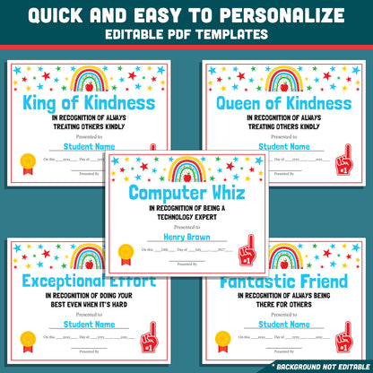 Class Awards Middle School End of the Year, Printable Certificates Bundle, 26 Editable Designs, Student Recognition Pack, Teacher Friendly