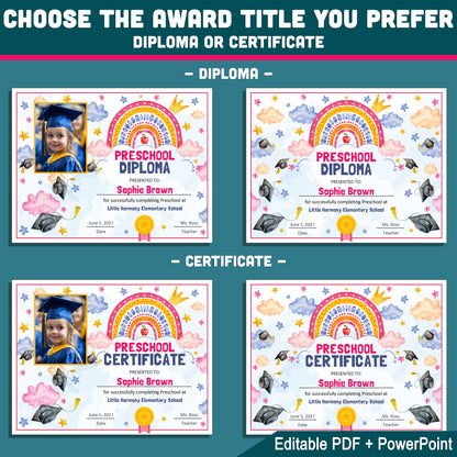 Preschool Graduation Certificate, Printable Rainbow Awards for End of School Year Celebration, Editable Preschool Keepsake Set Photo and No Photo, PDF PowerPoint