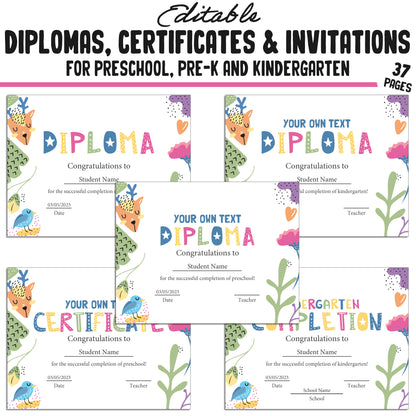 Preschool, Pre K, Kindergarten Graduation Certificates, Diplomas & Invitations, 37 Customizable PDF Pages, Instant Download