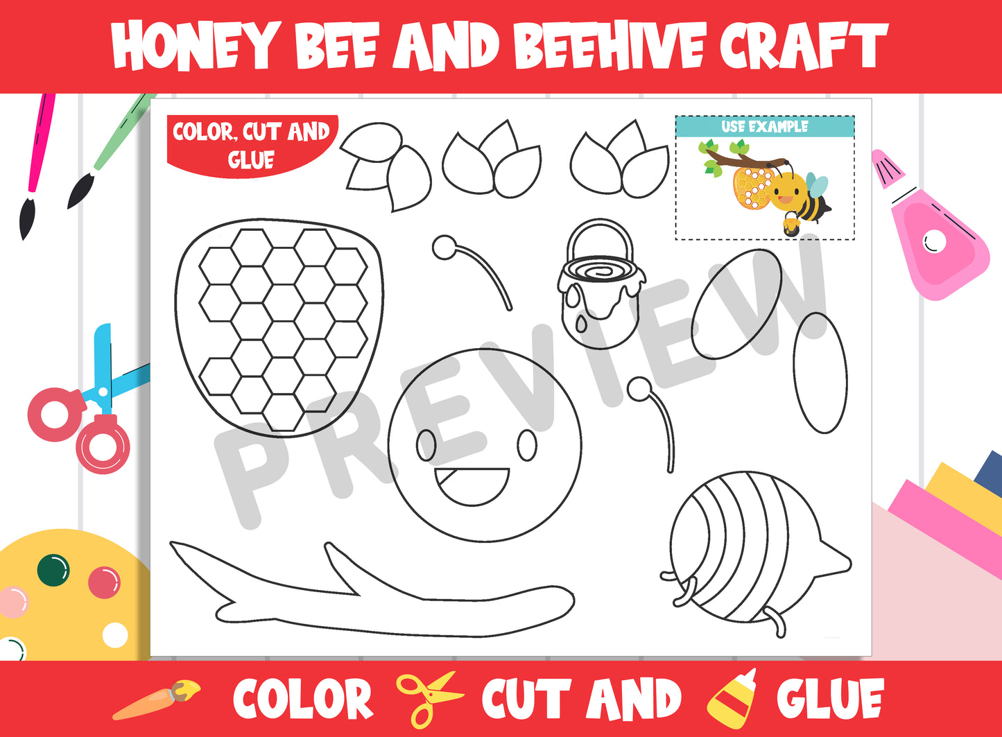 Honey Bee and Beehive, Spring Craft Activity : Color, Cut, and Glue for PreK to 2nd Grade, PDF File, Instant Download