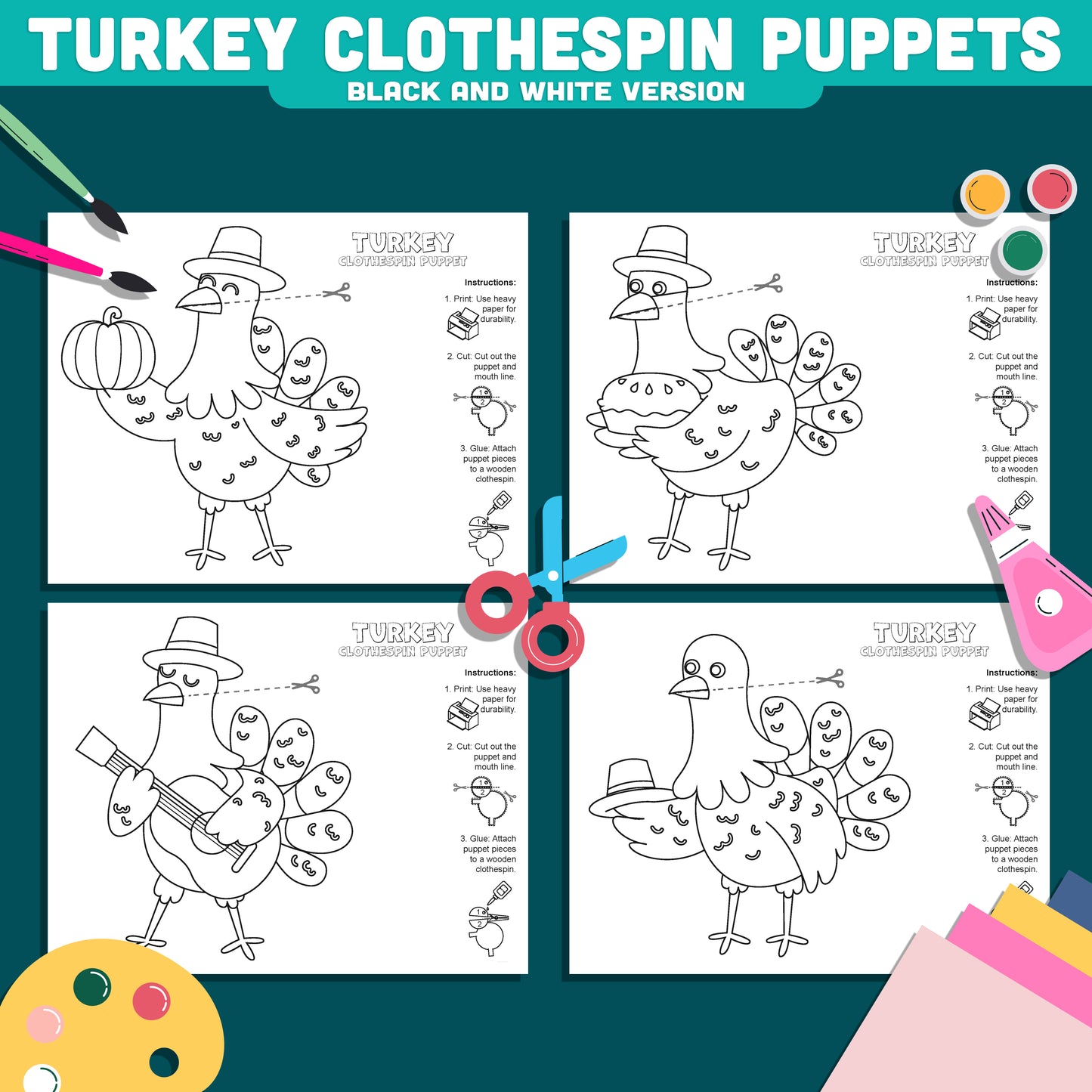 Turkey Clothespin Puppet Craft, Fall Turkey Craft, Thanksgiving Printable Fine Motor Activity, Instant PDF Download