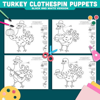 Turkey Clothespin Puppet Craft, Fall Turkey Craft, Thanksgiving Printable Fine Motor Activity, Instant PDF Download