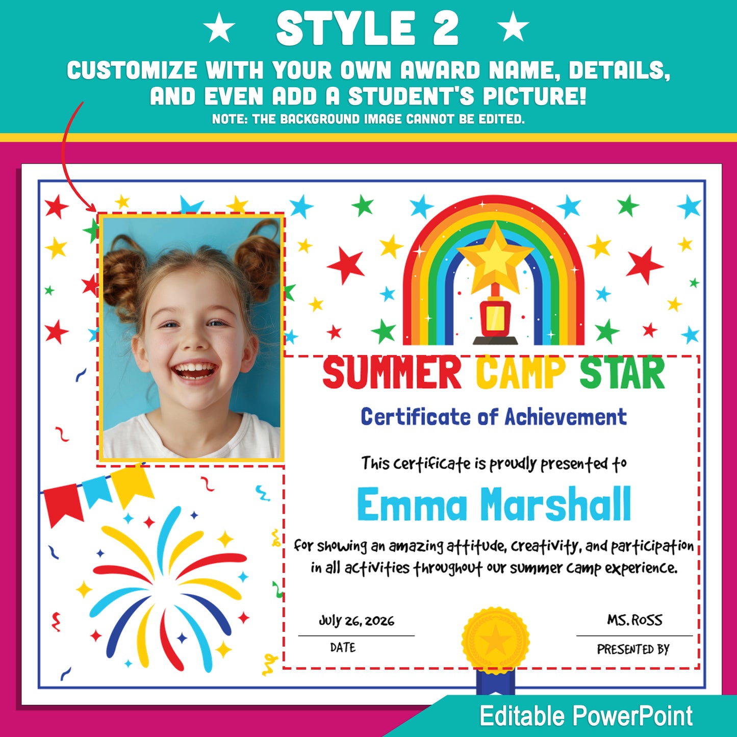Summer Camp Star Certificates – Editable Awards with Photo Area, 4 Fun Versions for All Summer Activities, 8.5x11", PowerPoint