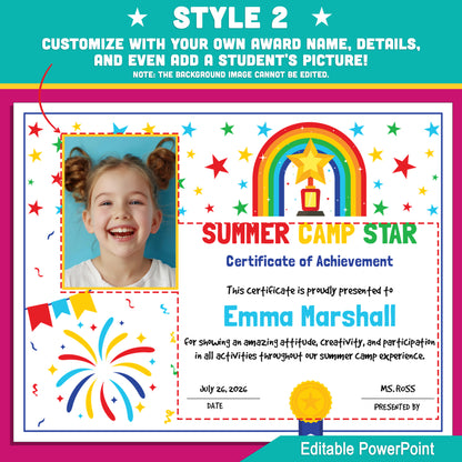 Summer Camp Star Certificates – Editable Awards with Photo Area, 4 Fun Versions for All Summer Activities, 8.5x11", PowerPoint