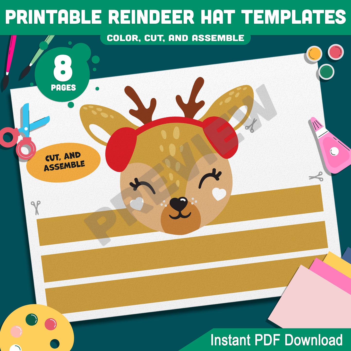 Festive Reindeer Hat Crown Templates: Christmas Craft Activity for Kids, 4 Unique Designs in Color & Black-and-White, Printable Instant Download.