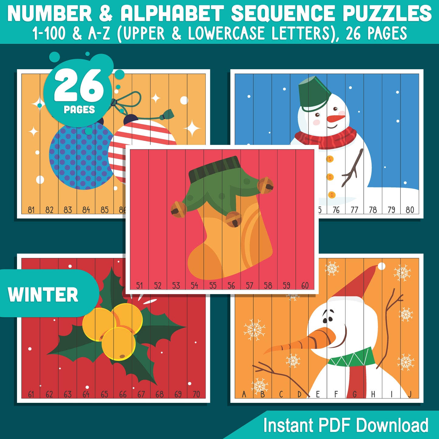 Festive Christmas and Winter Holiday Puzzles: Number 1-100 and Alphabet A-Z Activities for Kids, Ideal for Preschool Math Centers, Printable PDF Download