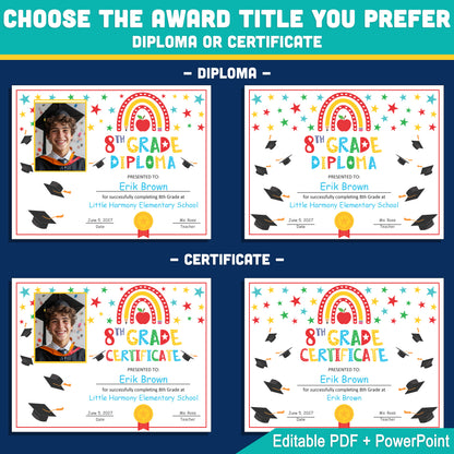 Editable 8th Graduation Diploma & Certificate Set, Rainbow Stars Graduation Awards, Photo or No-Photo Options, Edit in PDF, PowerPoint, Canva