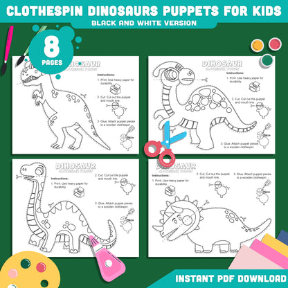 Printable Dinosaur Puppets for Kids, 8-Page Clothespin Craft with 4 Exciting Designs, Pre-Colored and Black & White, Perfect for Playtime Fun, Instant PDF Download