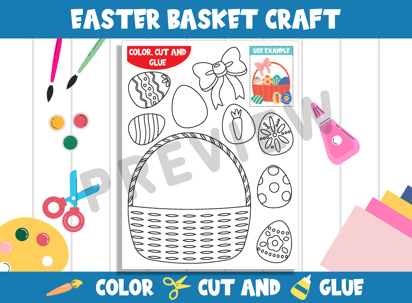 Printable Easter Basket Craft Activity - Color, Cut, and Glue for PreK to 2nd Grade, PDF File, Instant Download