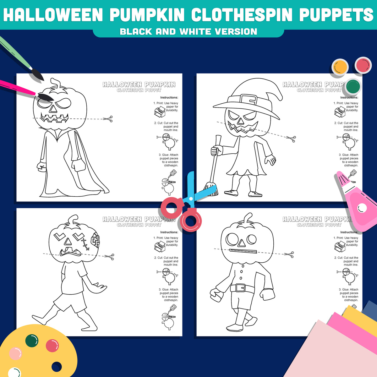 Halloween Pumpkin Clothespin Puppets, Printable Craft for Kids