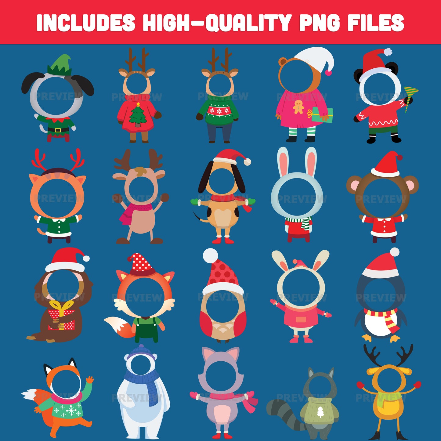 Printable Christmas Animal Body Templates, Add Your Face Craft, 20 Winter Designs for Holiday Classroom or Home Activities, Includes High-resolution PDF + PNG