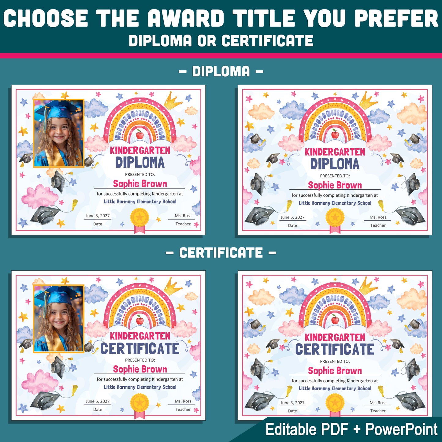 Kindergarten Graduation Certificate, Printable Rainbow Awards for End of School Year Celebration, Editable Kindergarten Keepsake Set Photo and No Photo, PDF PowerPoint