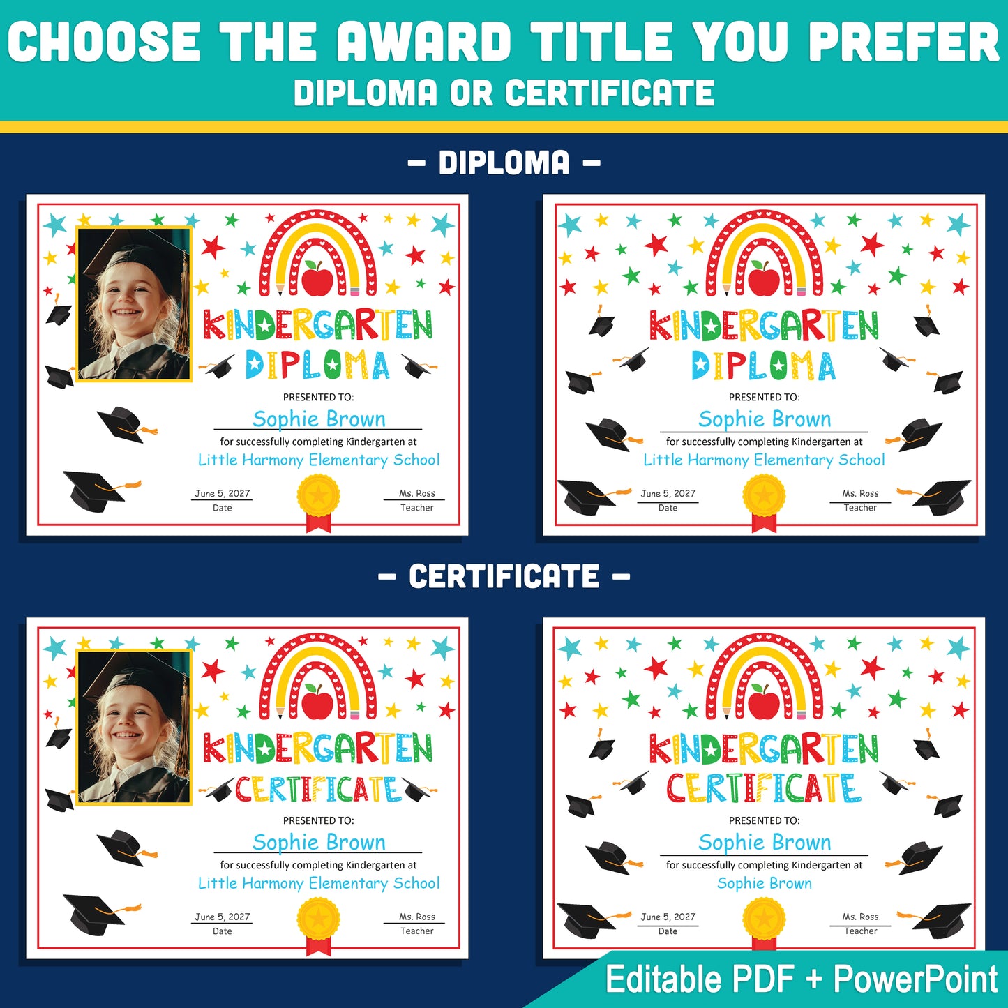 Editable Kindergarten Graduation Diploma & Certificate Set, Photo and No-Photo Awards, Edit in PDF PowerPoint or Canva, Rainbow Stars Graduation