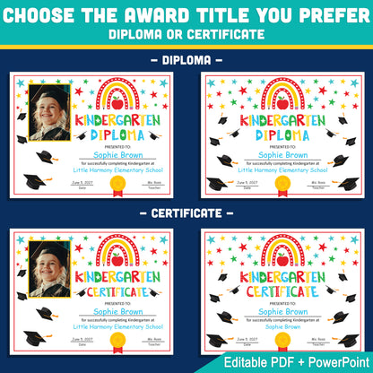 Editable Kindergarten Graduation Diploma & Certificate Set, Photo and No-Photo Awards, Edit in PDF PowerPoint or Canva, Rainbow Stars Graduation