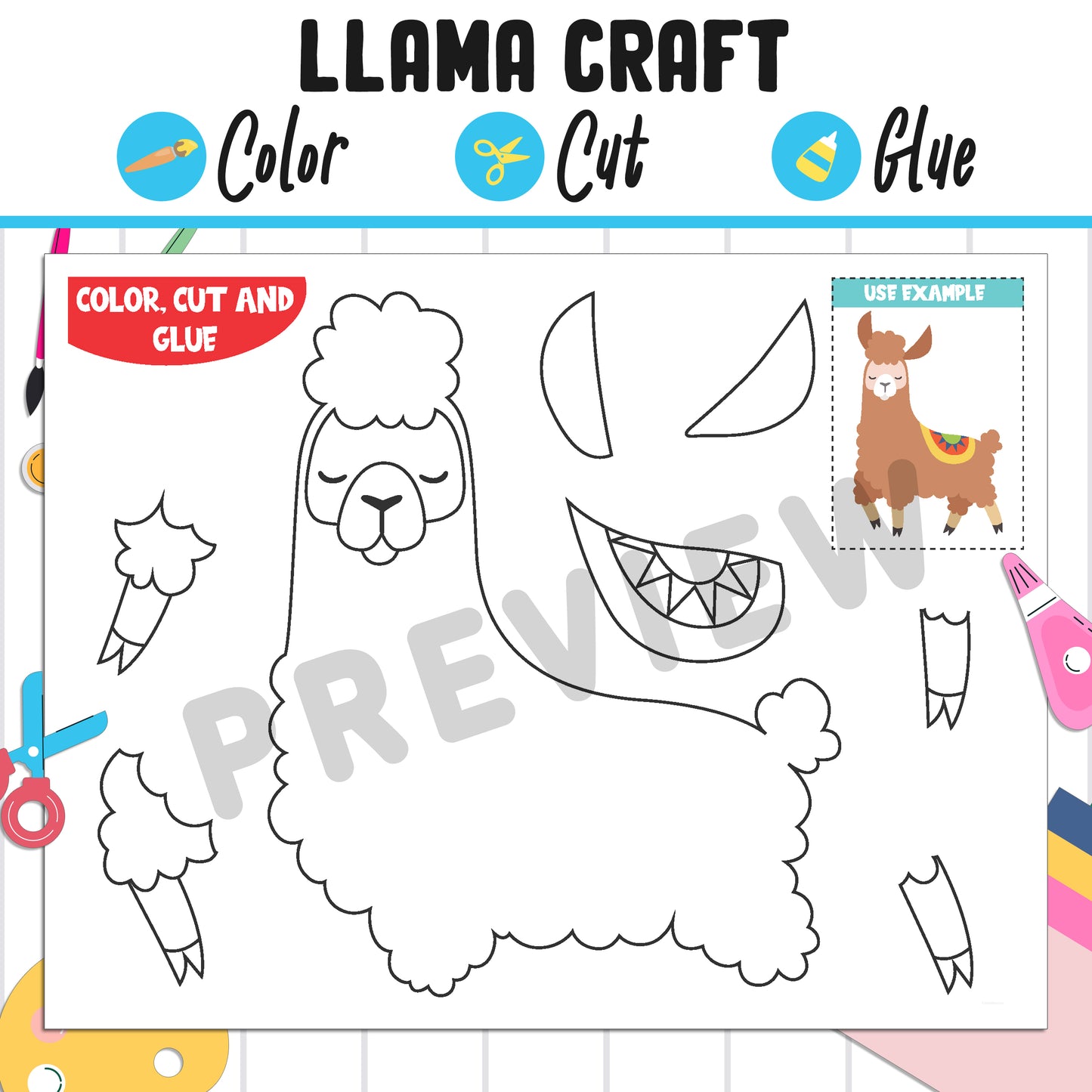 Llama Craft for Kids : Color, Cut, and Glue, a Fun Activity for Kindergarten to 2nd Grade, PDF Instant Download