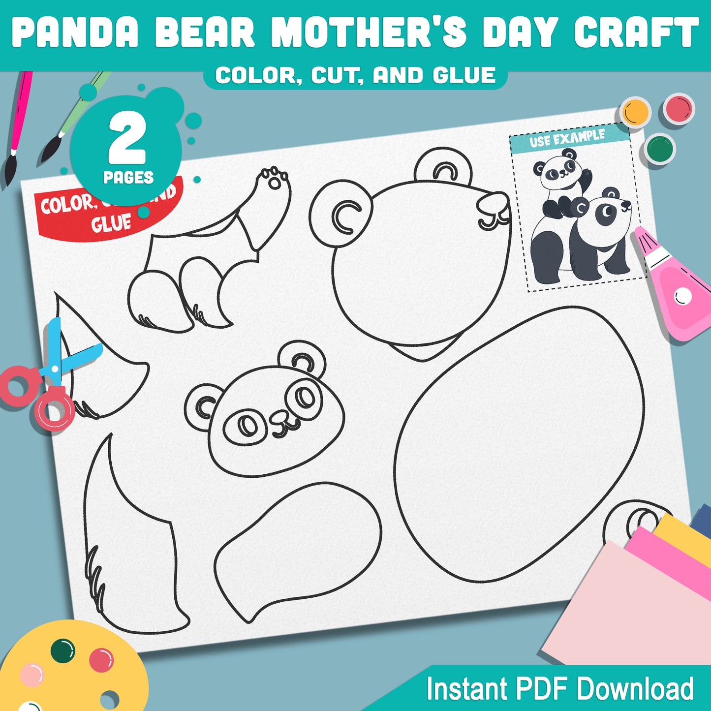 Panda Bear Mother's Day Craft: Creative DIY Color, Cut, and Glue Activity for Kids, Perfect for Making Mother’s Day Gifts, Easy and Fun, Instant PDF Download