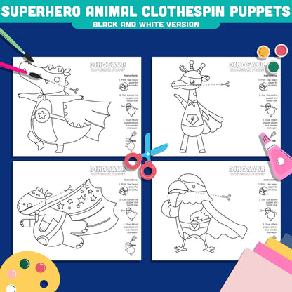Superhero Animal Clothespin Puppets, Color Cut and Create Animal Heroes, Printable Puppet Craft for Kids PDF