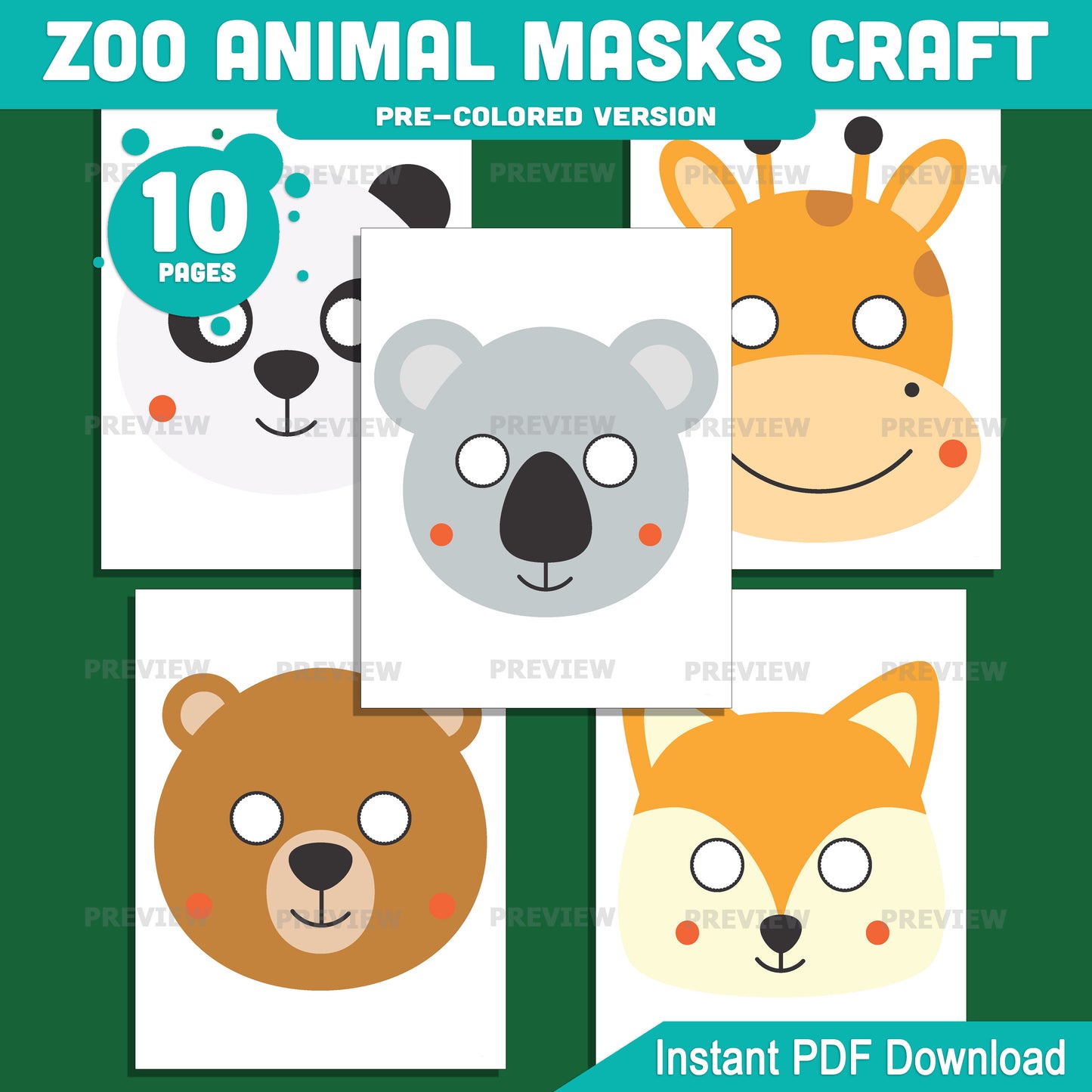 Animal Mask Templates Printable, Zoo Theme Activity, Kids Creative Play Resource, Preschool Classroom Art Center, 10 Designs, Pre Colored Black White, 8.5x11, Instant PDF