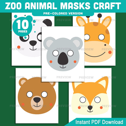 Animal Mask Templates Printable, Zoo Theme Activity, Kids Creative Play Resource, Preschool Classroom Art Center, 10 Designs, Pre Colored Black White, 8.5x11, Instant PDF