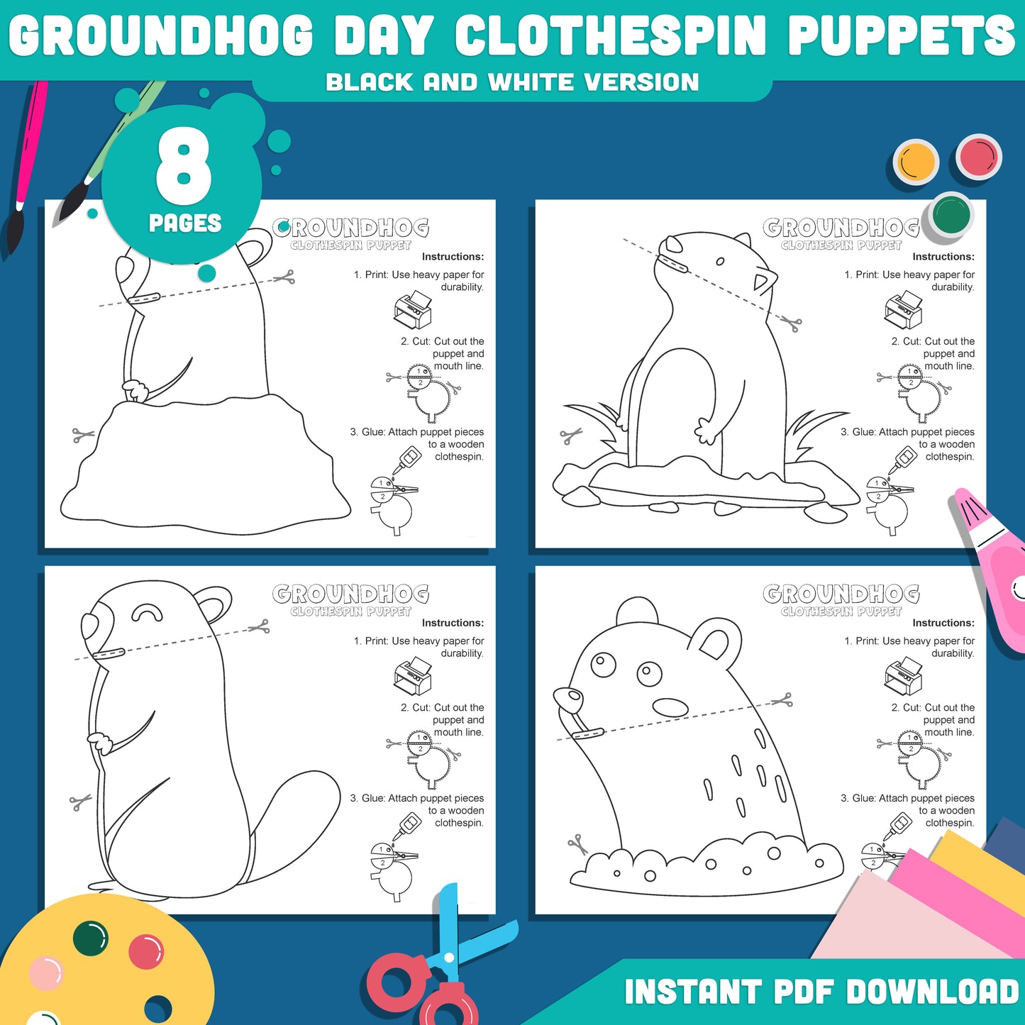 Groundhog Day Clothespin Puppets – Printable Classroom Puppet Project for Kids, Early Finisher Activity, Preschool Pre-K Kindergarten, Pre-color + Black & White