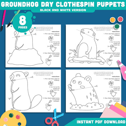Groundhog Day Clothespin Puppets – Printable Classroom Puppet Project for Kids, Early Finisher Activity, Preschool Pre-K Kindergarten, Pre-color + Black & White