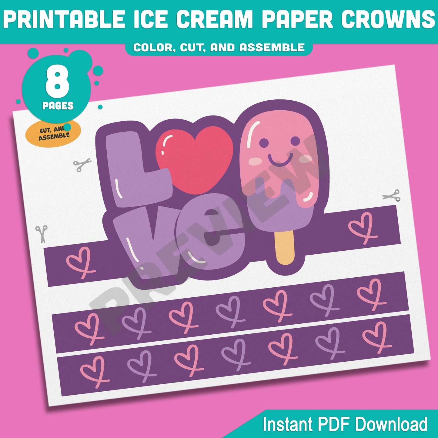 Ice Cream Crown Headbands & Hats for Summer Fun – Printable Kids Activity, 4 Cute Designs, Pre-Colored + Black & White, 8 Pages PDF