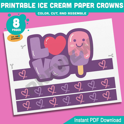 Ice Cream Crown Headbands & Hats for Summer Fun – Printable Kids Activity, 4 Cute Designs, Pre-Colored + Black & White, 8 Pages PDF
