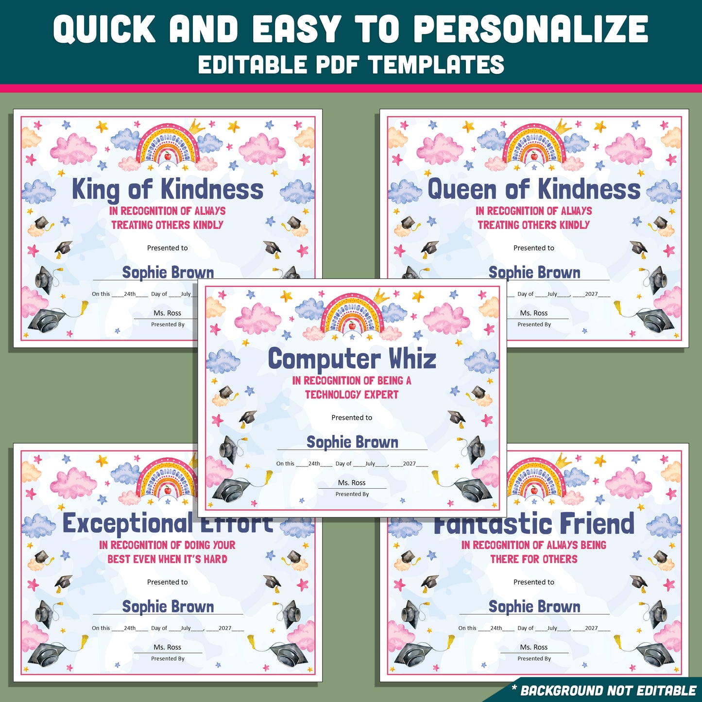 Editable Middle School End-of-Year Class Awards, Printable Student Appreciation Templates, 26 Recognition Designs