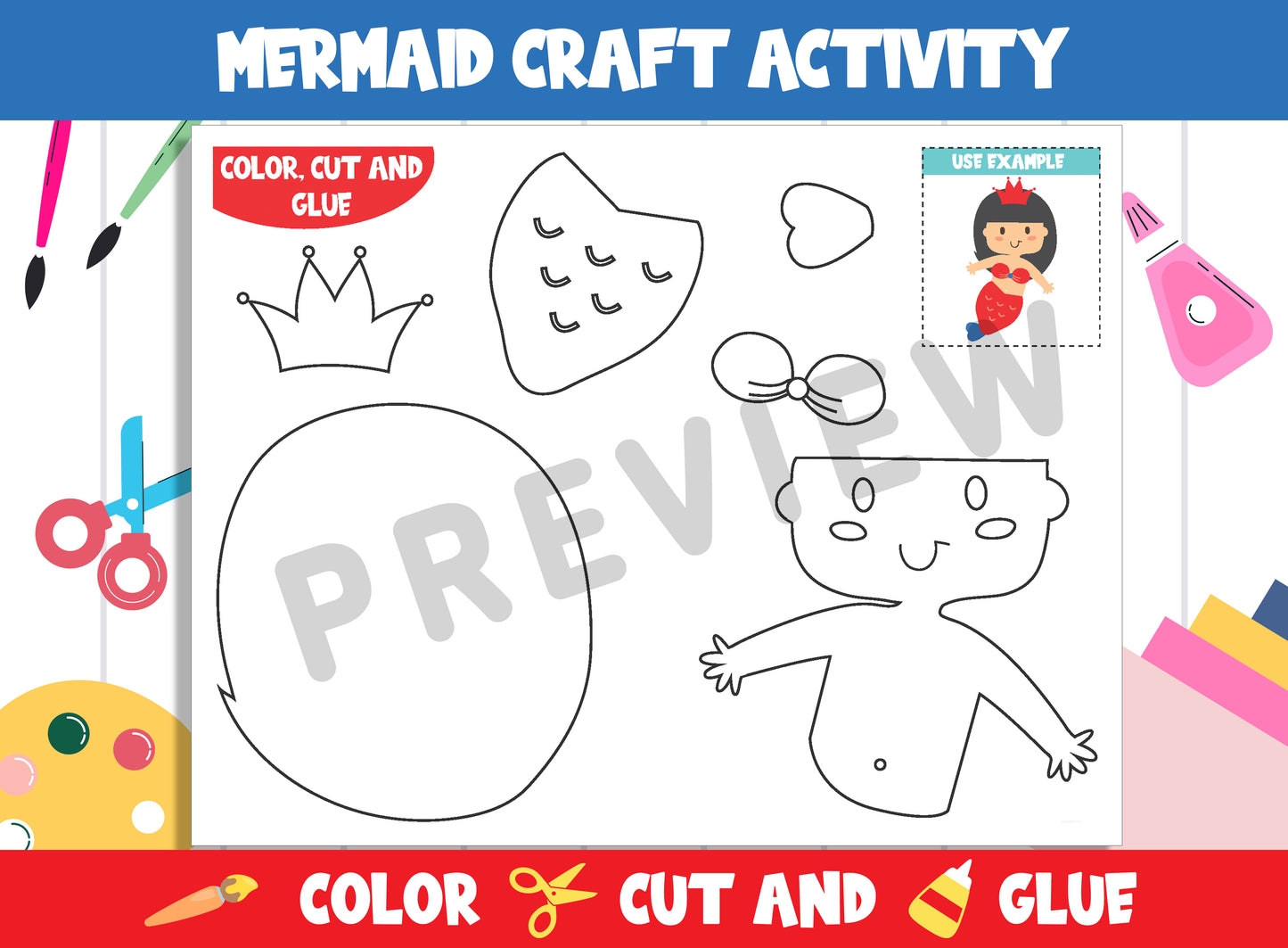 Mermaid Craft Activity : Color, Cut, and Glue for PreK to 2nd Grade, PDF File, Instant Download