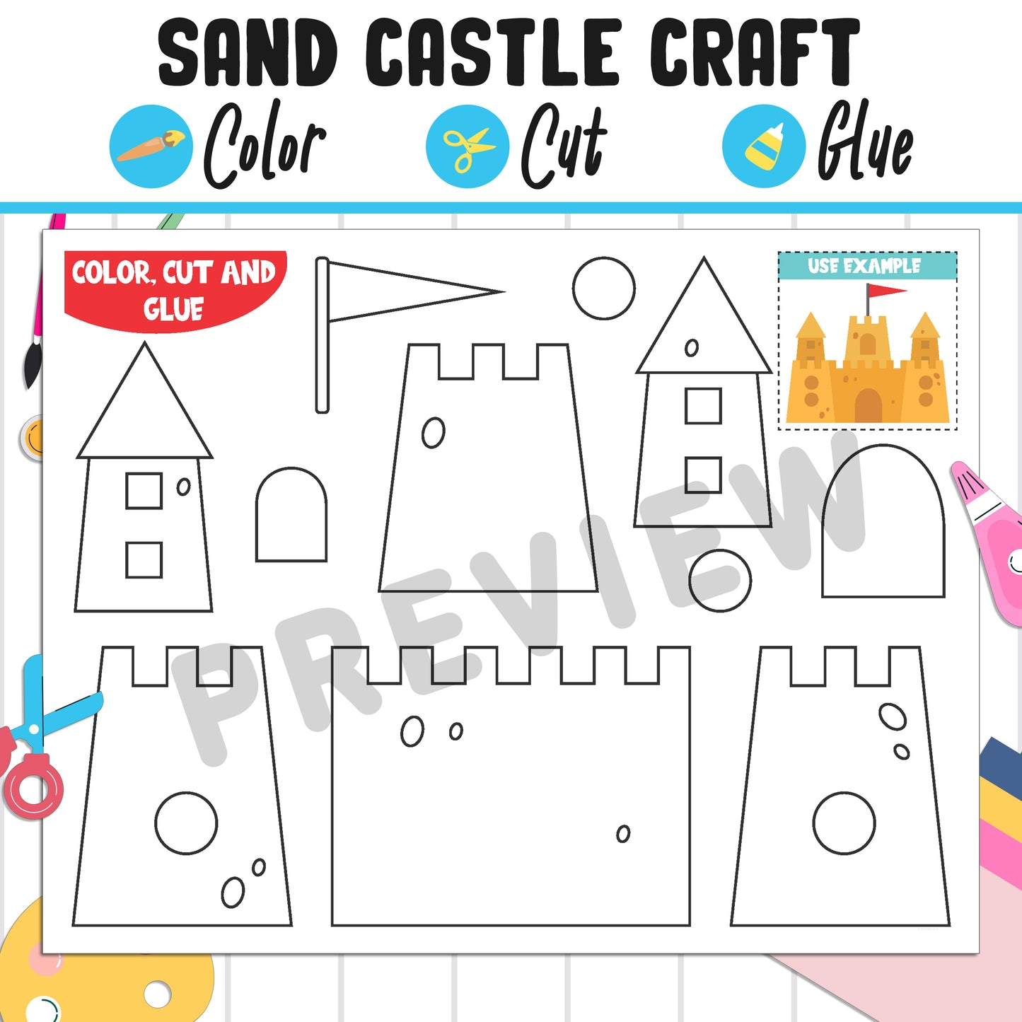 Sandcastle Shapes, Build a Sandcastle: Summer Craft Activity for Kids - Color, Cut, and Glue Fun for Pre K to 2nd Grade, Instant Download