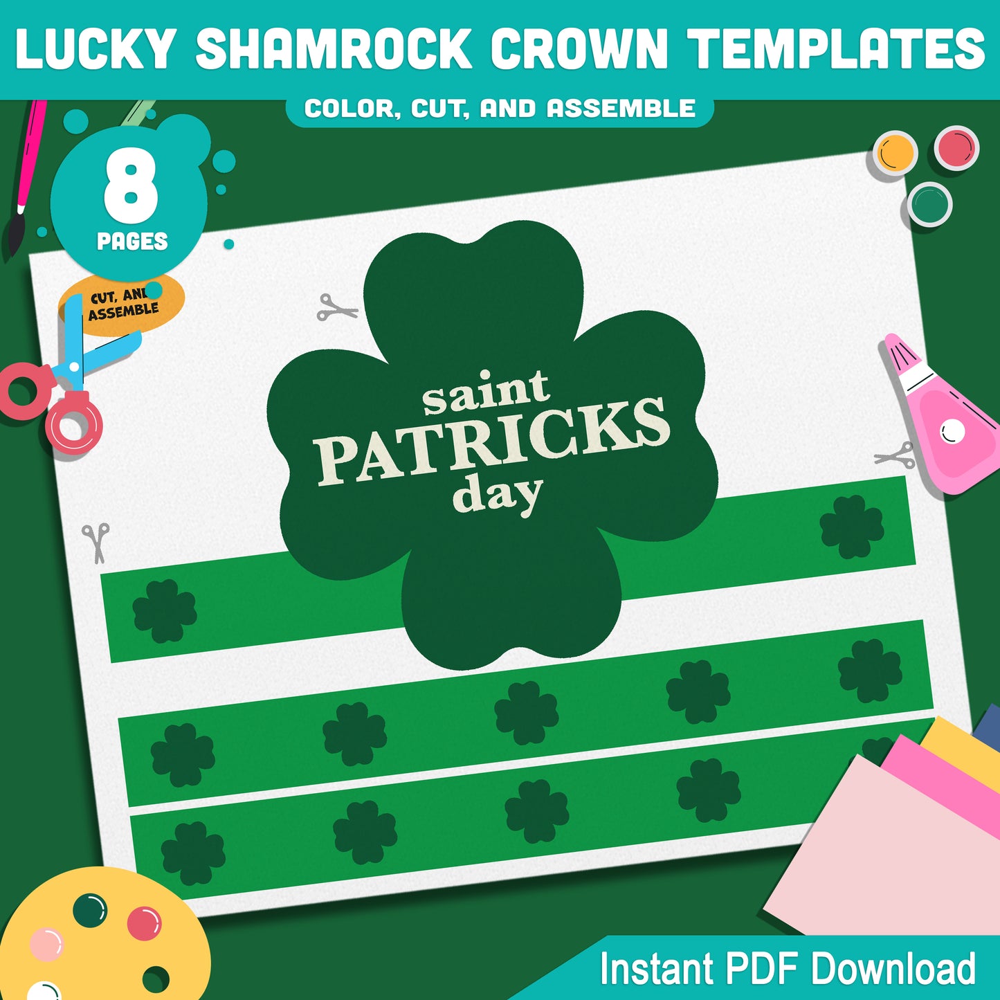 Lucky Shamrock Crown Templates – St. Patrick’s Day Wearable Craft, Shamrock Paper Crowns, Leprechaun School Headband, Play Party Hat, Pre-color + Black & White
