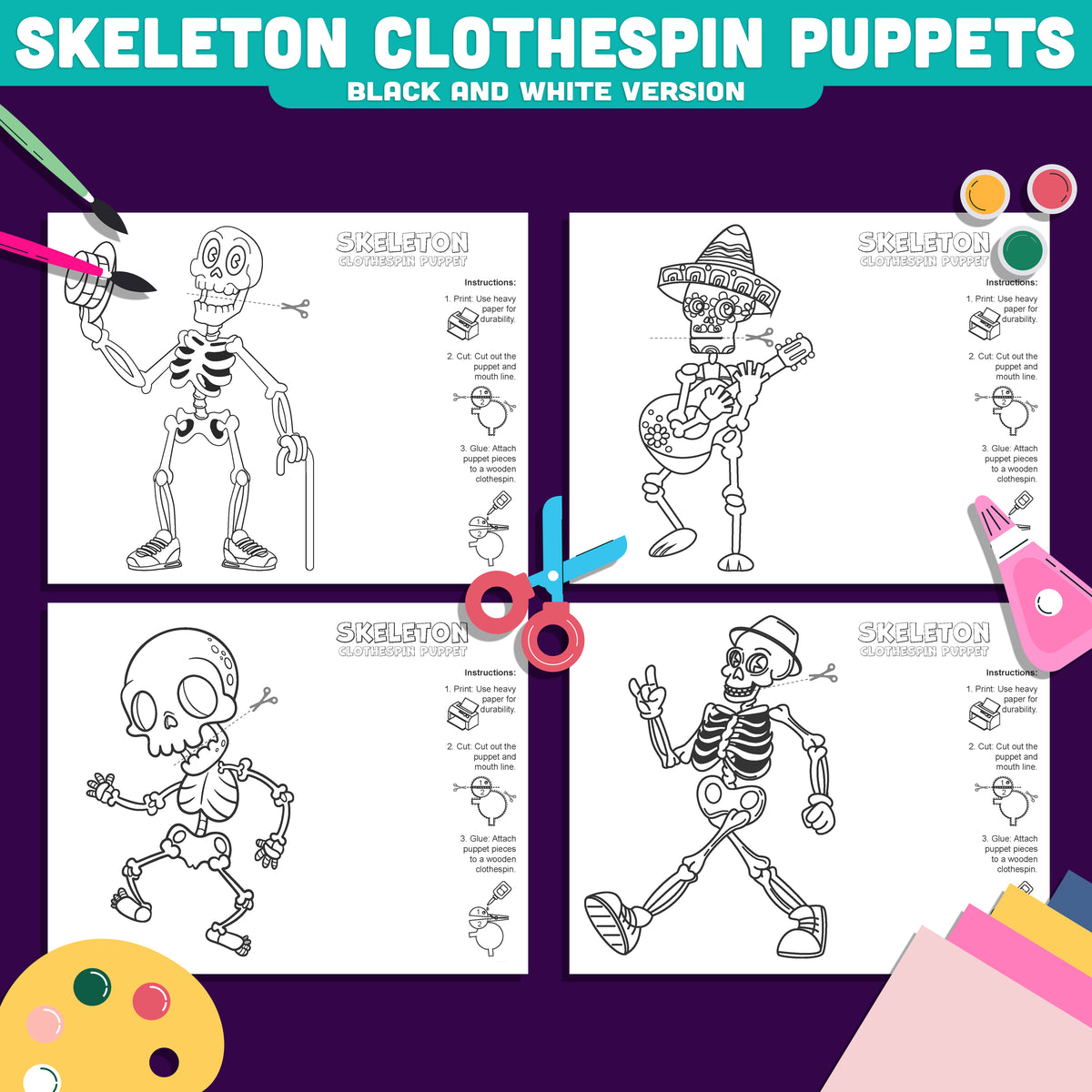 Halloween Skeleton Clothespin Puppets, Printable Craft for Kids