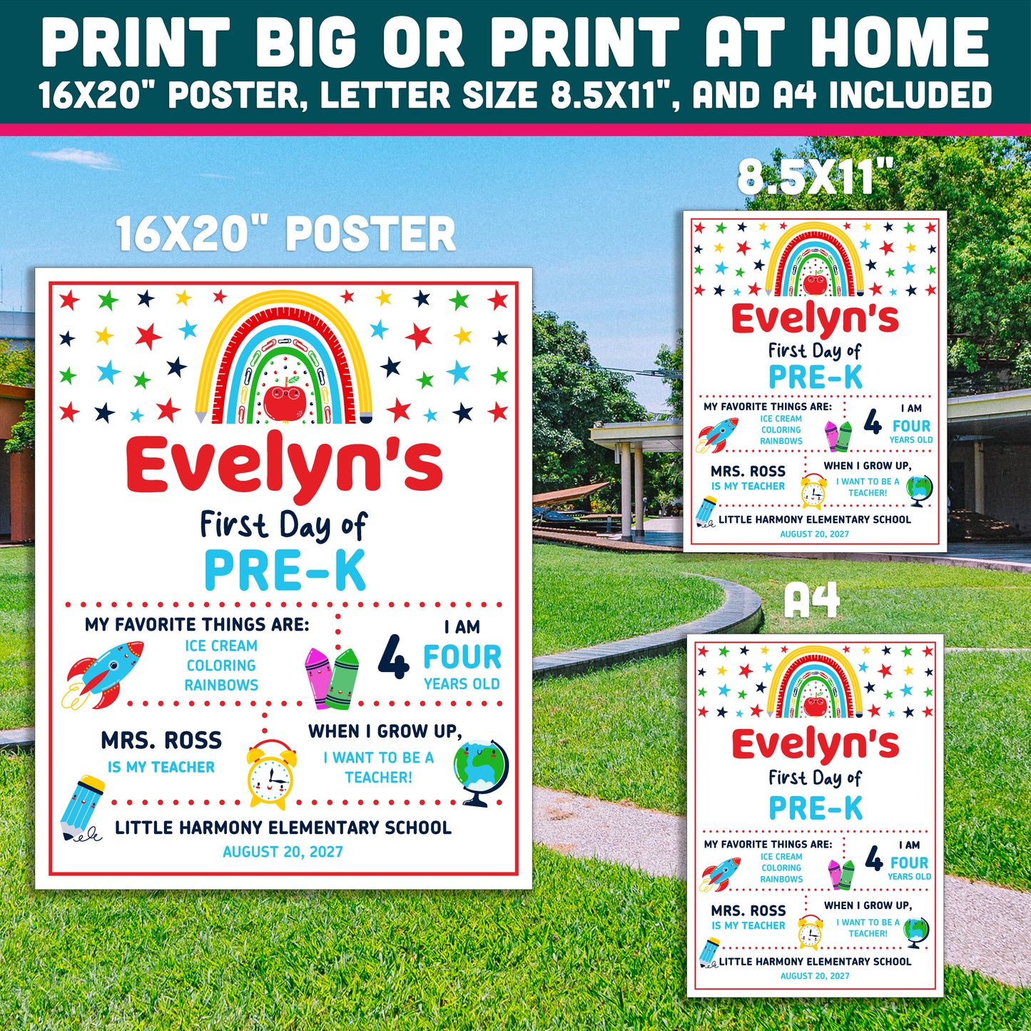 Editable First and Last Day of Pre-K Sign, Printable Back to School Poster, PDF and PowerPoint, 16x20" Poster, A4