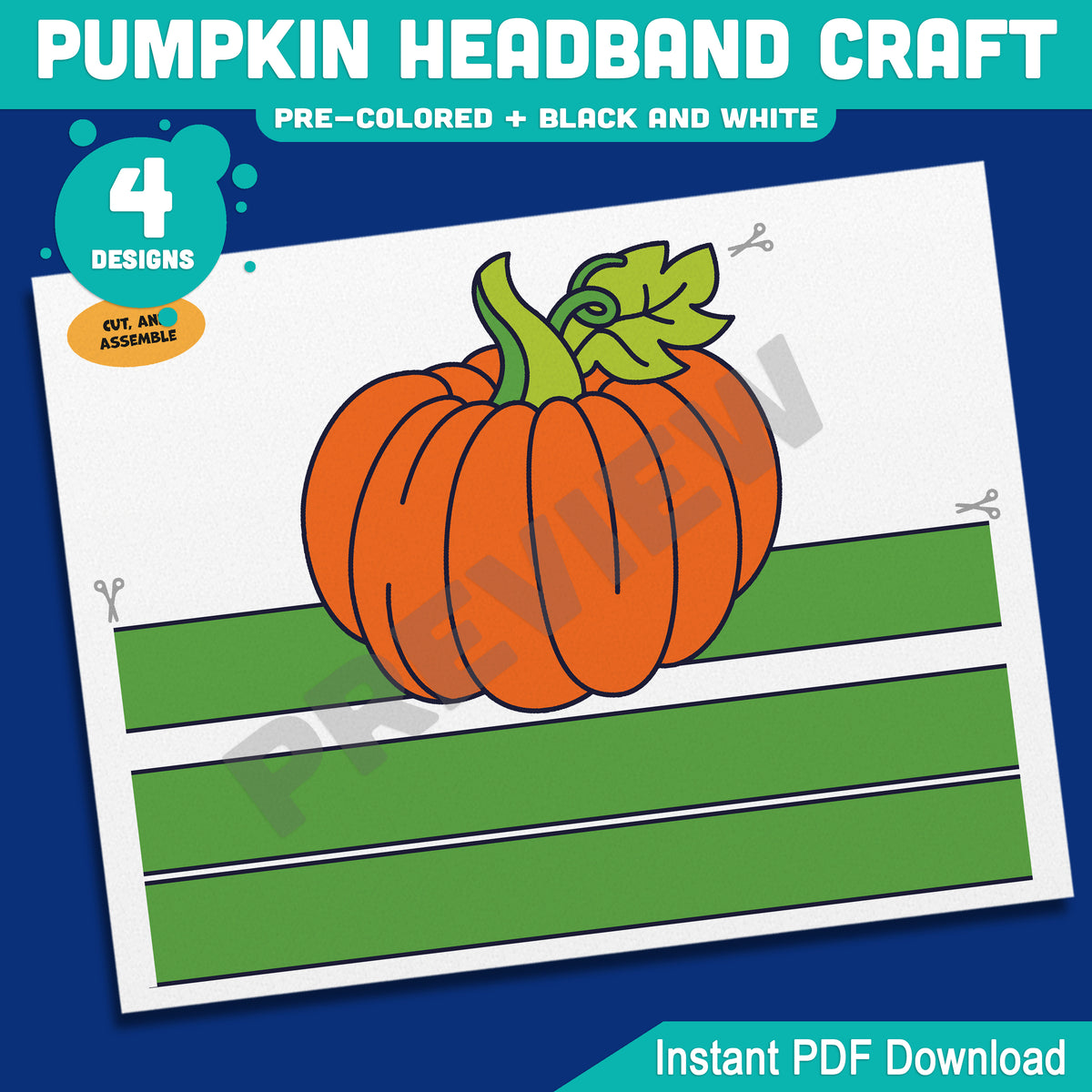 Pumpkin Headband Craft, Printable Autumn Crown, Paper Hat Activity, Pre-Colored & Black and White, Fall Craft for Kids, 4 Designs, A4, US Letter