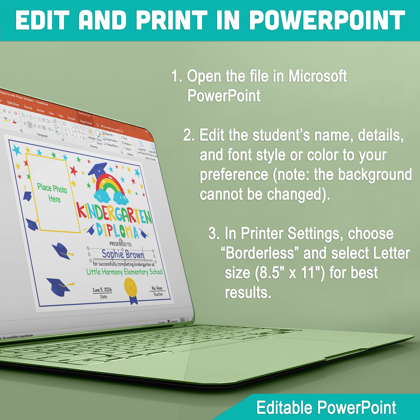 Editable Kindergarten Diploma with Photo: Customizable Letter Size PDF + PowerPoint for Celebrating End of Year Graduation Ceremonies