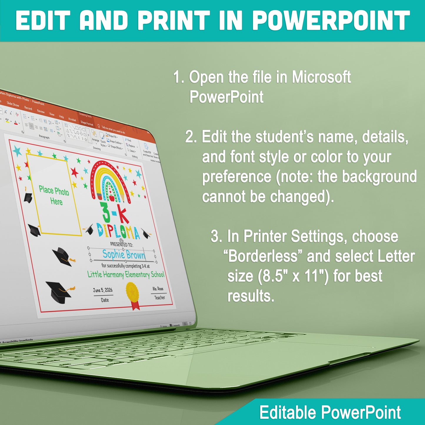 Editable 3-K Diploma with Photo Graduation Certificate Template, K-3 Photo Certificate Printable, Editable PDF and Editable PowerPoint, Letter Size