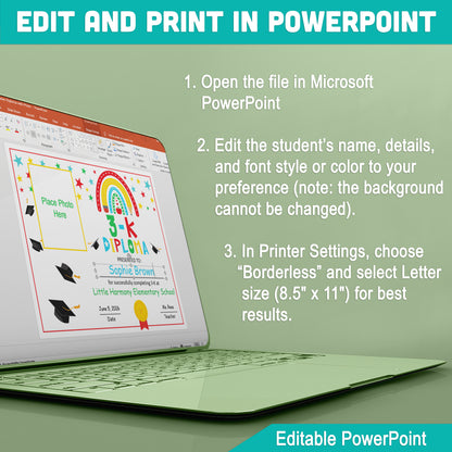 Editable 3-K Diploma with Photo Graduation Certificate Template, K-3 Photo Certificate Printable, Editable PDF and Editable PowerPoint, Letter Size
