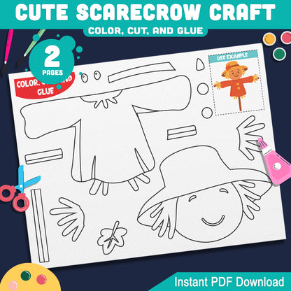 Cute Scarecrow Craft for Preschool, Pre-K, Kindergarten, Fall Printable Halloween Project, Color Cut and Glue Bulletin Board Activity, 2 Pages, Instant PDF