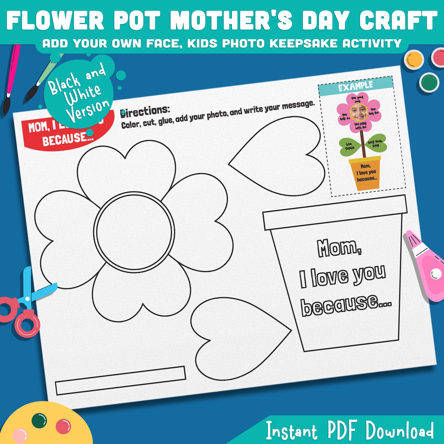 Flower Pot Mother's Day Craft, Student Picture Craft Activity, Printable Coloring Cutting Project, Gift for Mom Grandma or Family, Black White Color Pages