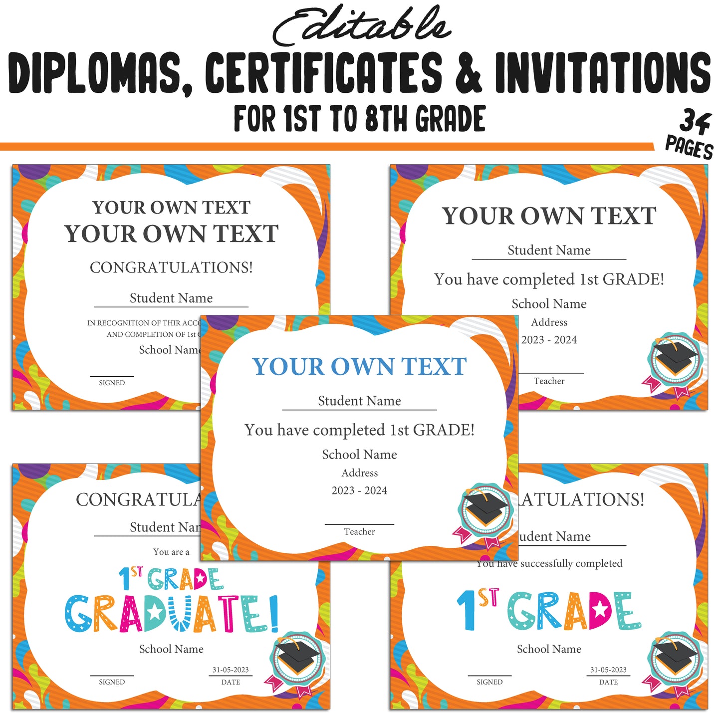 34 Editable 1st-8th Grade Certificates, Diplomas, and Invitation Templates, Orange-Themed, PDF Instant Download